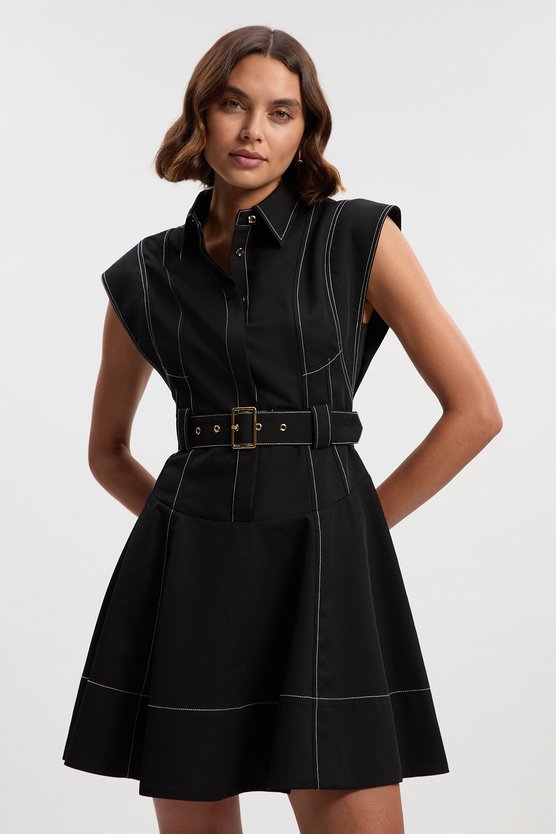 karen millen Twill Contrast Hardware High Neck Woven Mini Dress black