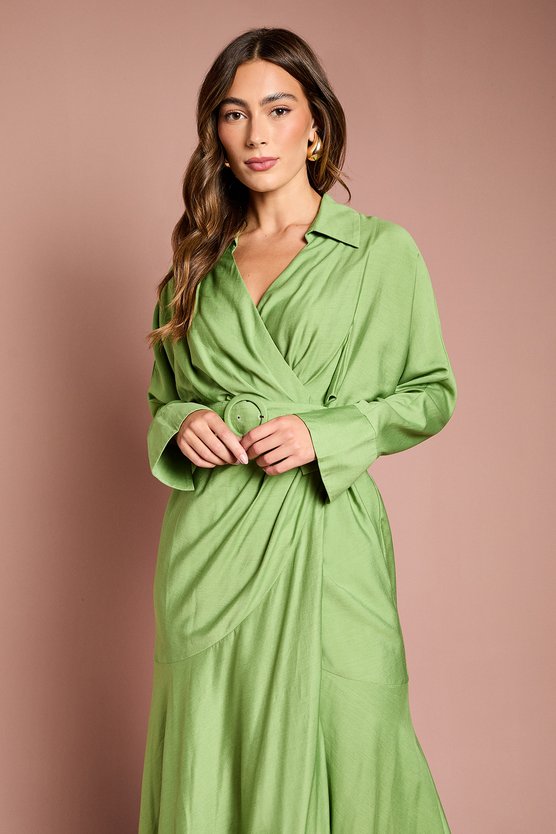 Karen Millen Twill Long Sleeve Wrap Dress With Belt Green