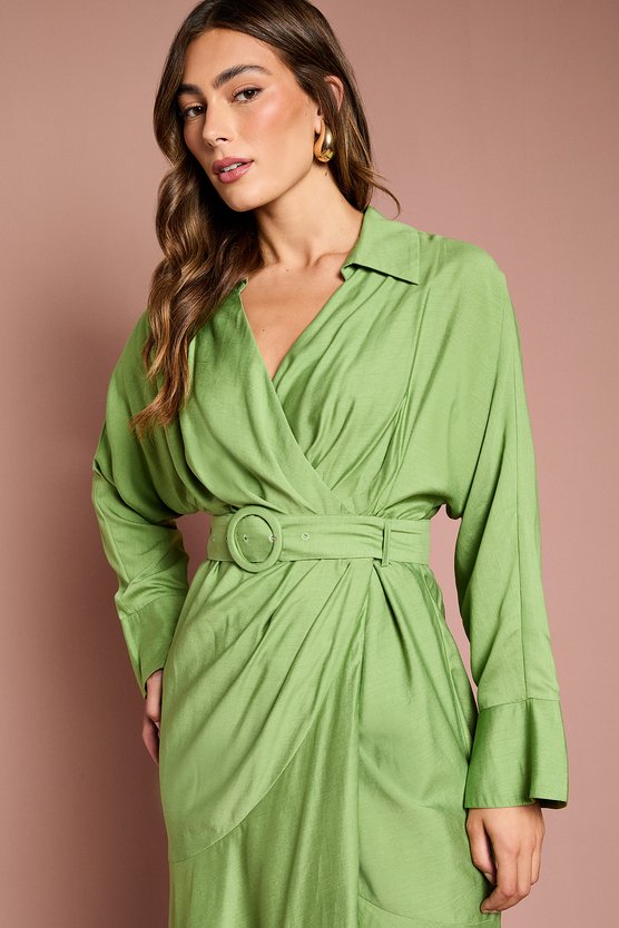 Karen Millen Twill Long Sleeve Wrap Dress With Belt Green