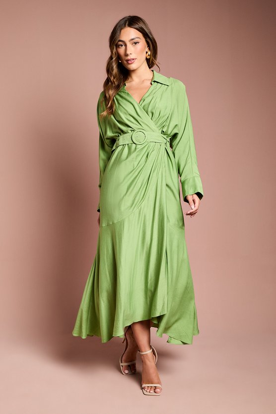 karen millen Twill Long Sleeve Wrap Dress With Belt green