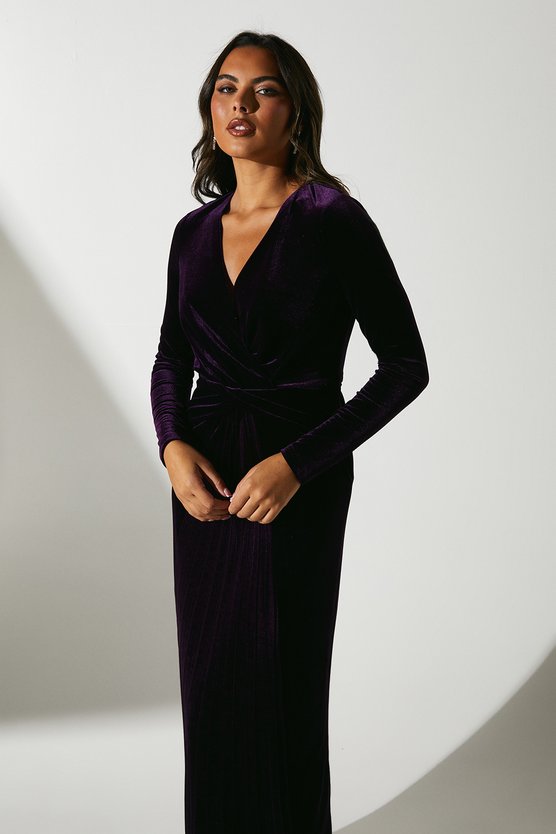 Karen Millen Twist Front V Neck Long Sleeve Velvet Midi Dress Purple