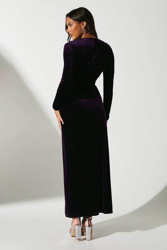 Karen Millen Twist Front V Neck Long Sleeve Velvet Midi Dress Purple