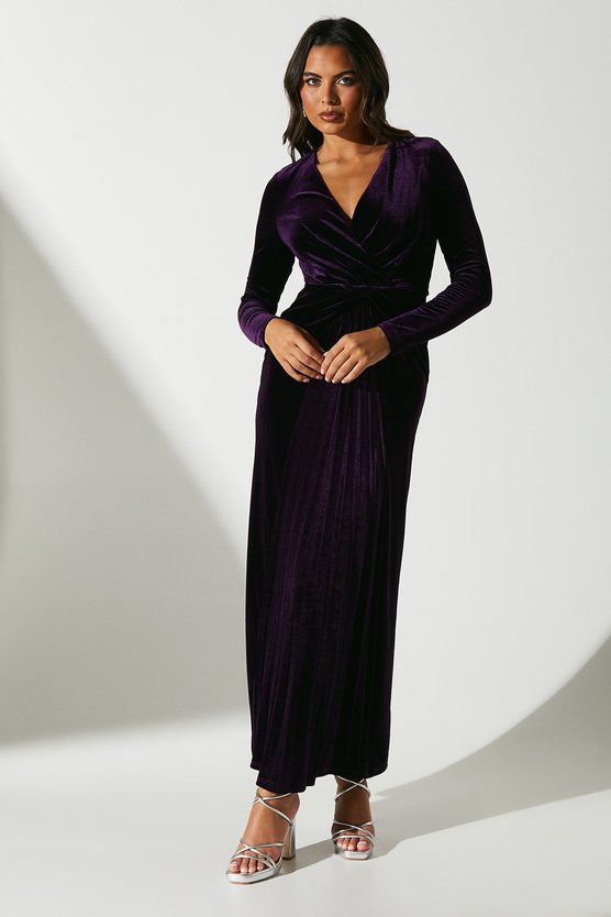 karen millen Twist Front V Neck Long Sleeve Velvet Midi Dress purple