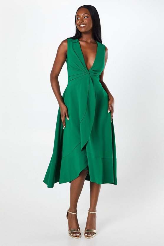 karen millen Twist Front Wrap Skirt Crepe Midi Wedding Guest Dress green