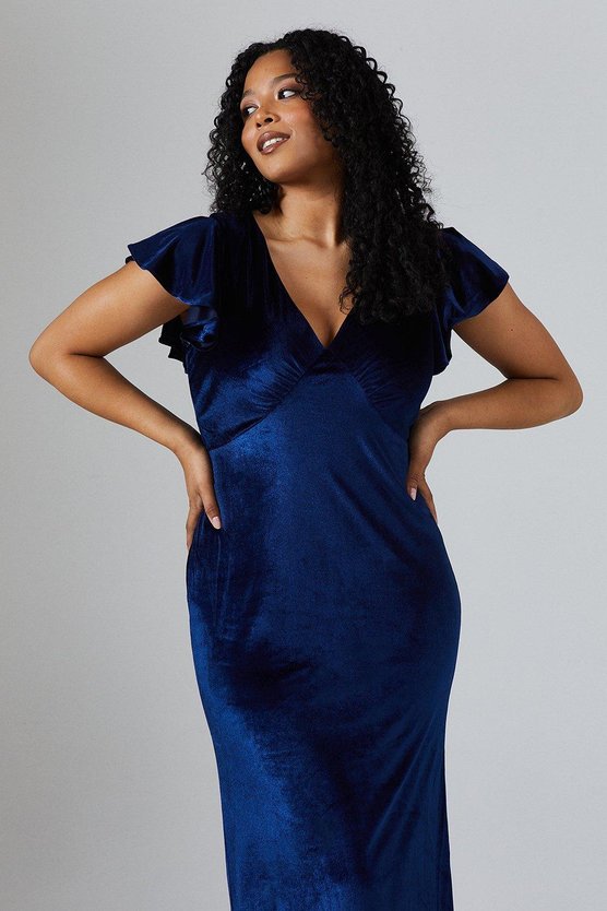 Karen Millen V Neck Ruffle Sleeve Velvet Bridesmaid Dress Navy