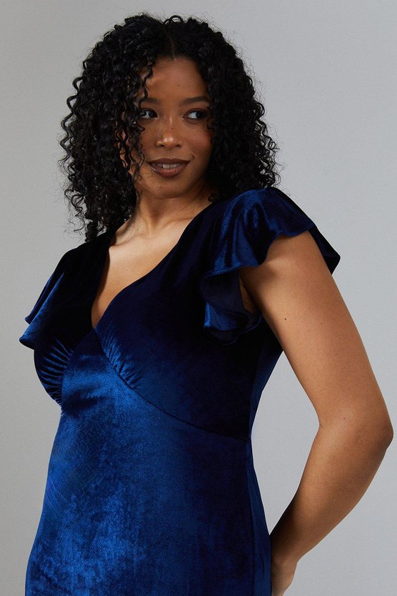 Karen Millen V Neck Ruffle Sleeve Velvet Bridesmaid Dress Navy