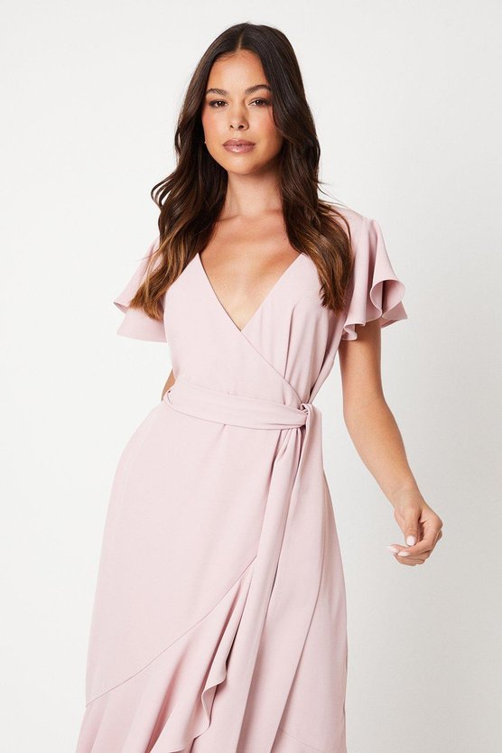 Karen Millen V Neck Ruffle Wrap Wedding Guest Dress Blush
