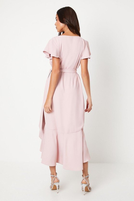 Karen Millen V Neck Ruffle Wrap Wedding Guest Dress Blush
