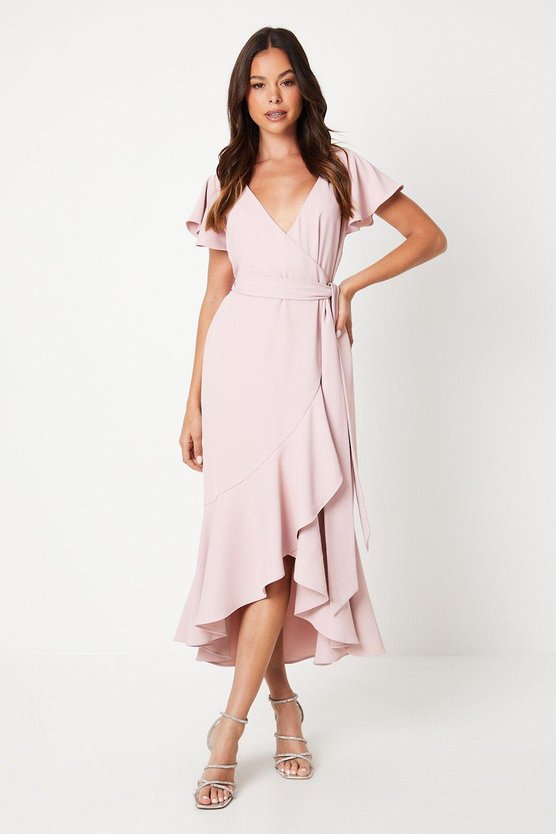 karen millen V Neck Ruffle Wrap Wedding Guest Dress blush