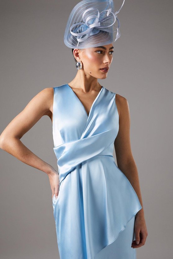 Karen Millen V Neck Wrap Front Asymmetric Hem Midi Dress Powder Blue