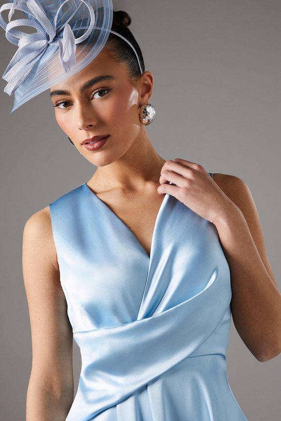 Karen Millen V Neck Wrap Front Asymmetric Hem Midi Dress Powder Blue