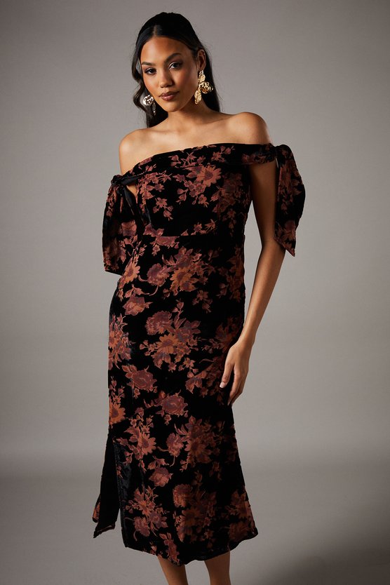 Karen Millen Velvet Bardot Midi Wedding Guest Dress Black