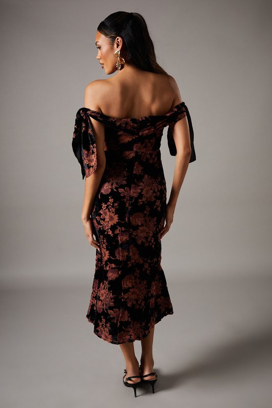 Karen Millen Velvet Bardot Midi Wedding Guest Dress Black