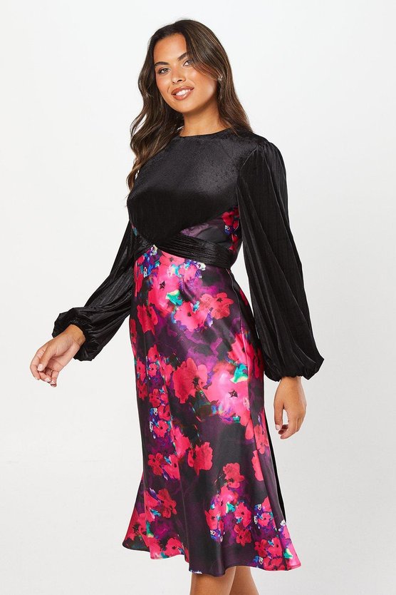 Karen Millen Velvet Bodice Satin Flippy Skirt Midi Dress Black