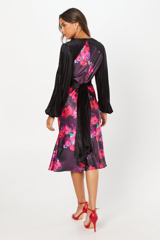 Karen Millen Velvet Bodice Satin Flippy Skirt Midi Dress Black