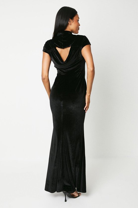 Karen Millen Velvet Cowl Back Maxi Dress With Cap Sleeve Black