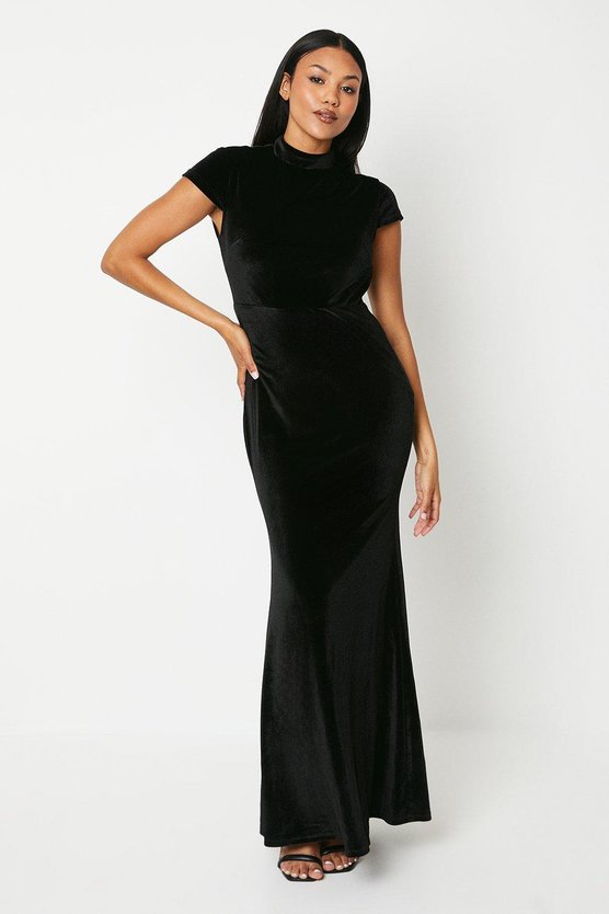 karen millen Velvet Cowl Back Maxi Dress with Cap Sleeve black