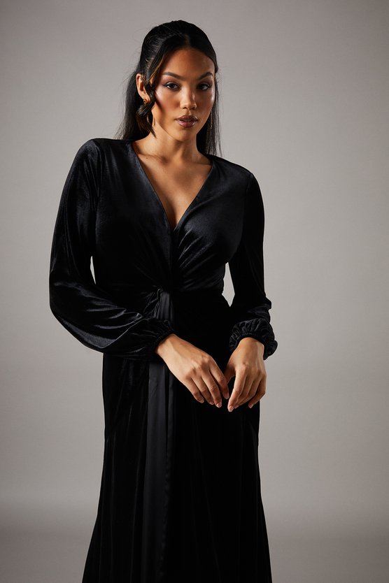 Karen Millen Velvet Long Sleeve Tie Midi Wedding Guest Dress Black