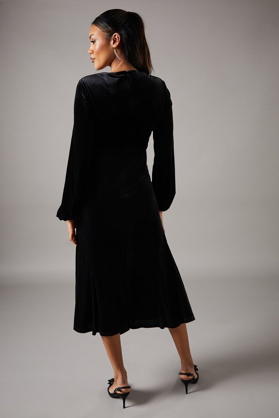 Karen Millen Velvet Long Sleeve Tie Midi Wedding Guest Dress Black