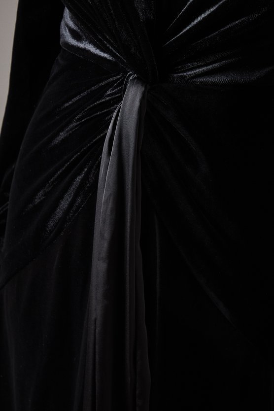 Karen Millen Velvet Long Sleeve Tie Midi Wedding Guest Dress Black
