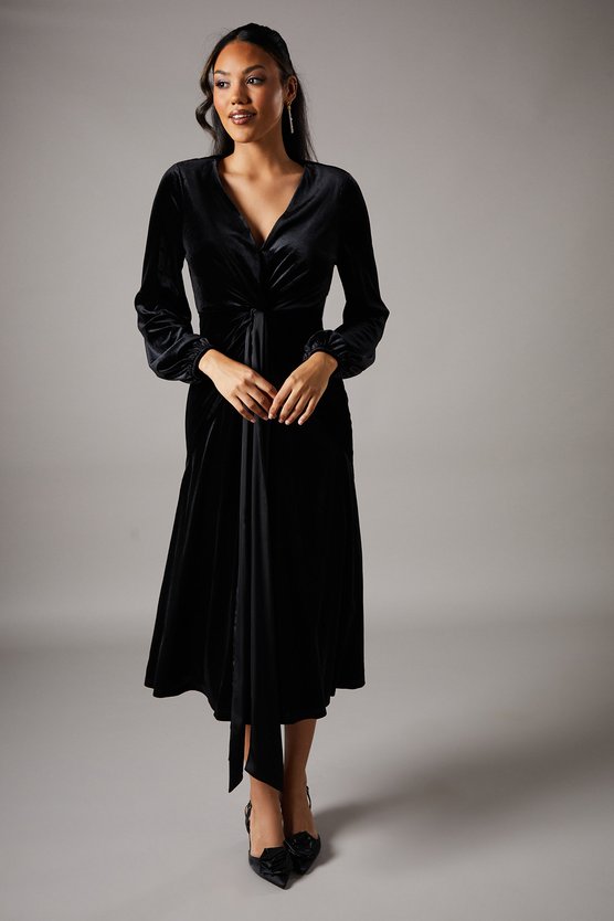 karen millen Velvet Long Sleeve Tie Midi Wedding Guest Dress black