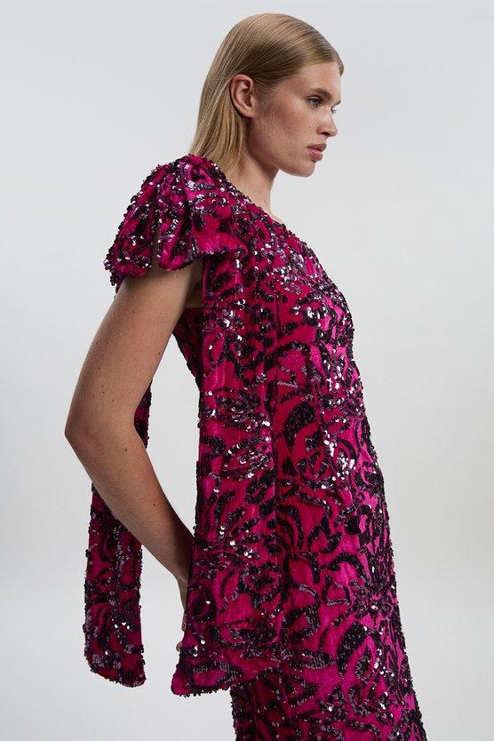 Karen Millen Velvet Sequin One Shoulder Woven Maxi Dress Purple