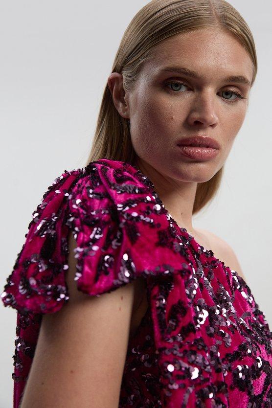 Karen Millen Velvet Sequin One Shoulder Woven Maxi Dress Purple