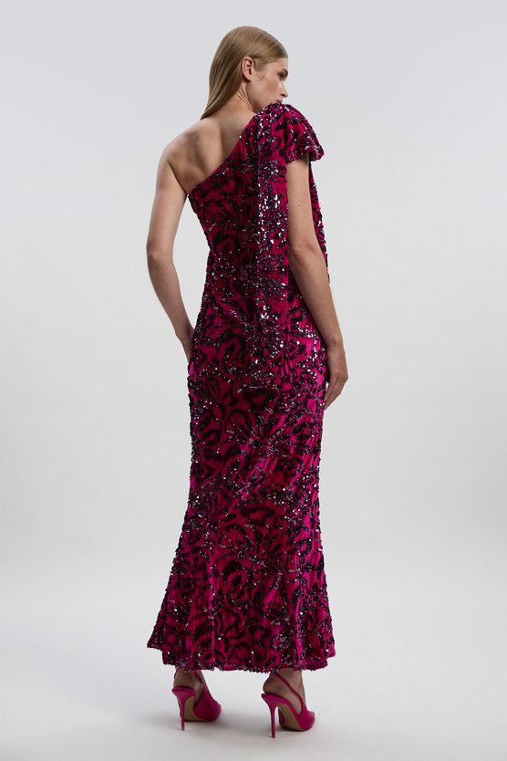Karen Millen Velvet Sequin One Shoulder Woven Maxi Dress Purple