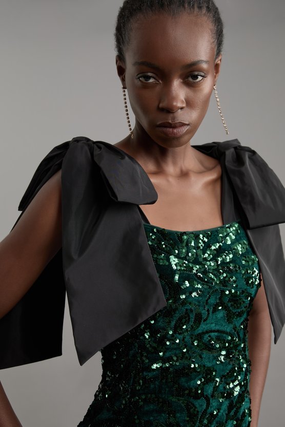 Karen Millen Velvet Sequin Woven Mini Dress With Taffeta Bow Tie Detail Green