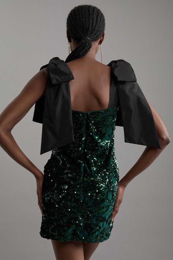 Karen Millen Velvet Sequin Woven Mini Dress With Taffeta Bow Tie Detail Green