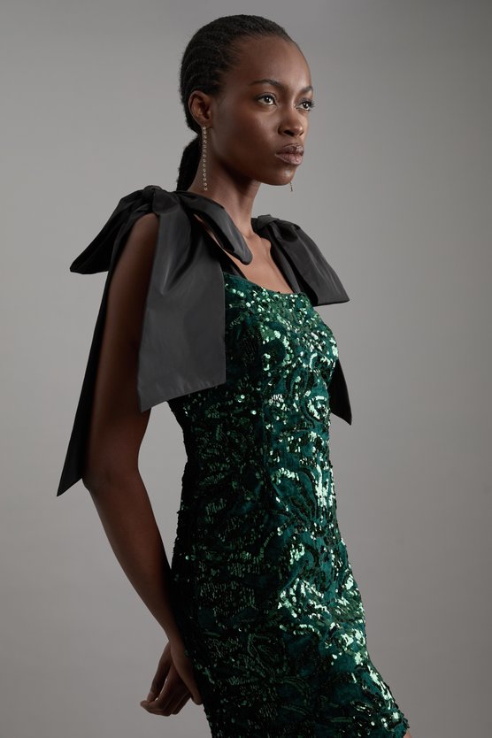 karen millen Velvet Sequin Woven Mini Dress With Taffeta Bow Tie Detail green