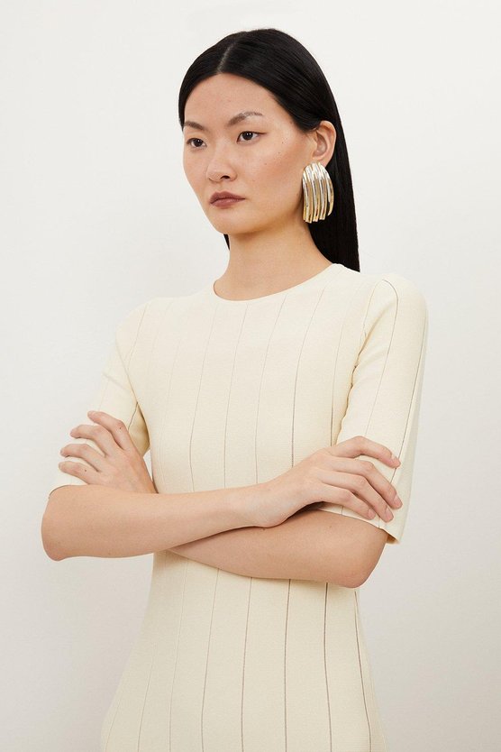 Karen Millen Viscose Blend Filament Full Skirt Knit Midi Dress Ivory