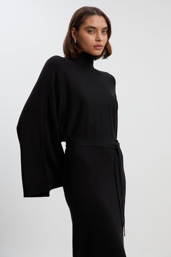 Karen Millen Viscose Blend Funnel Neck Belted Knitted Midi Dress Black