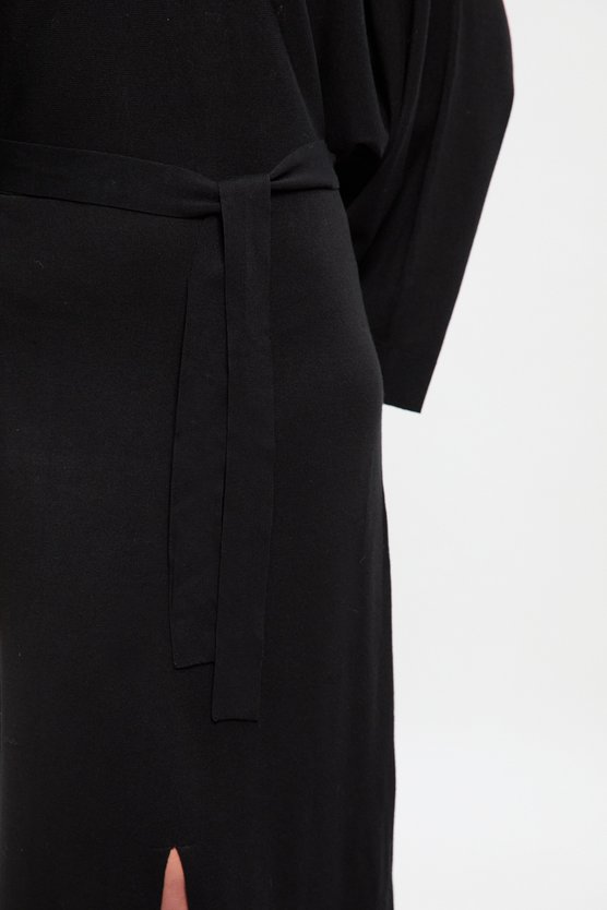 Karen Millen Viscose Blend Funnel Neck Belted Knitted Midi Dress Black