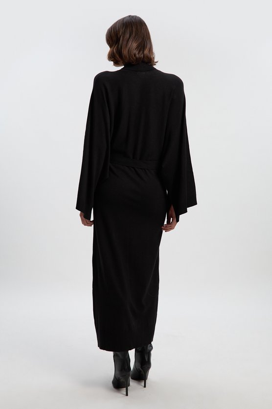 Karen Millen Viscose Blend Funnel Neck Belted Knitted Midi Dress Black