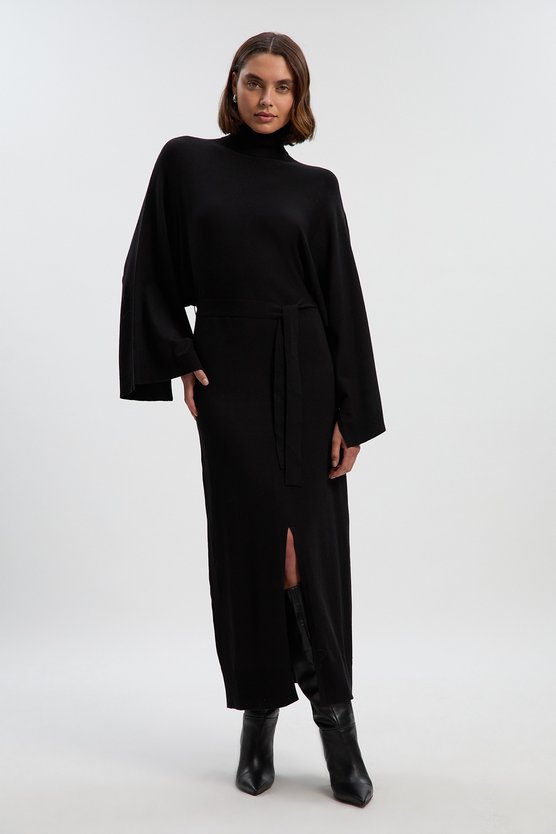 karen millen Viscose Blend Funnel Neck Belted Knitted Midi Dress black karen millen Viscose Blend Funnel Neck Belted Knitted Midi Dress black