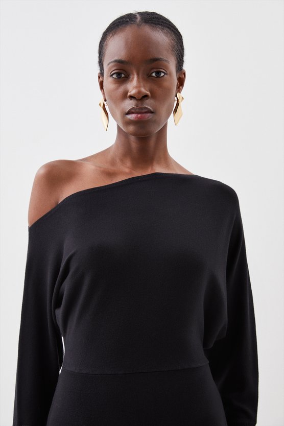 Karen Millen Viscose Blend Knit Asymmetric Neck Midi Dress Black