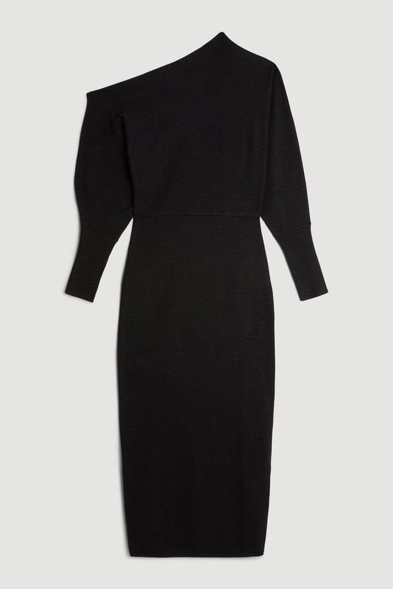 Karen Millen Viscose Blend Knit Asymmetric Neck Midi Dress Black