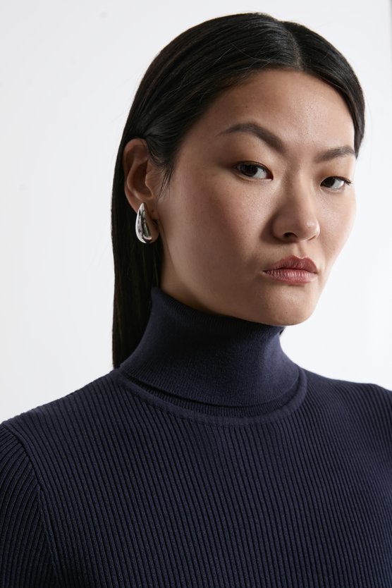 Karen Millen Viscose Blend Knit Roll Neck Belted Flippy Hem Mini Dress Navy