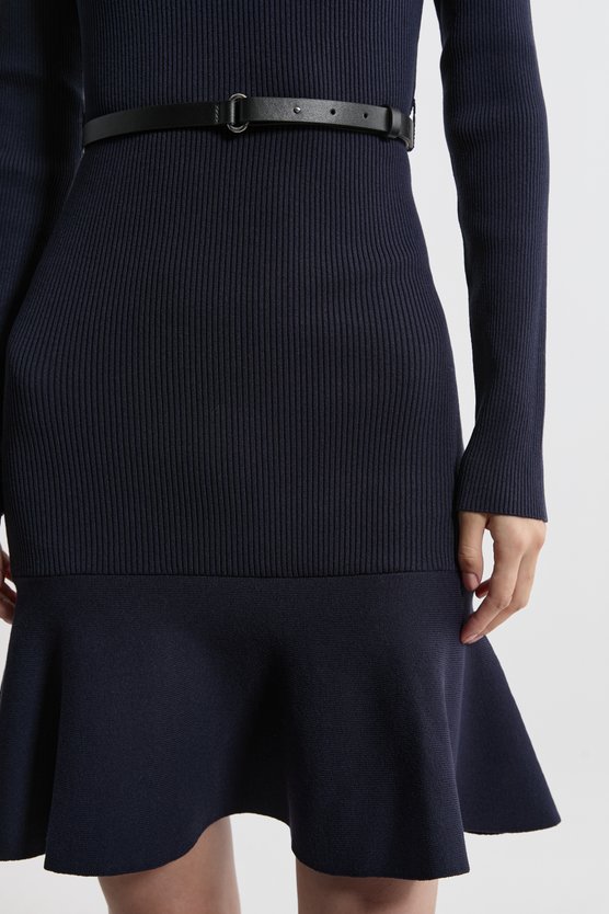 Karen Millen Viscose Blend Knit Roll Neck Belted Flippy Hem Mini Dress Navy