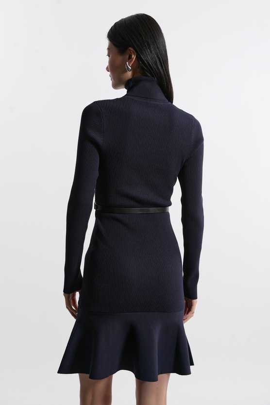 Karen Millen Viscose Blend Knit Roll Neck Belted Flippy Hem Mini Dress Navy
