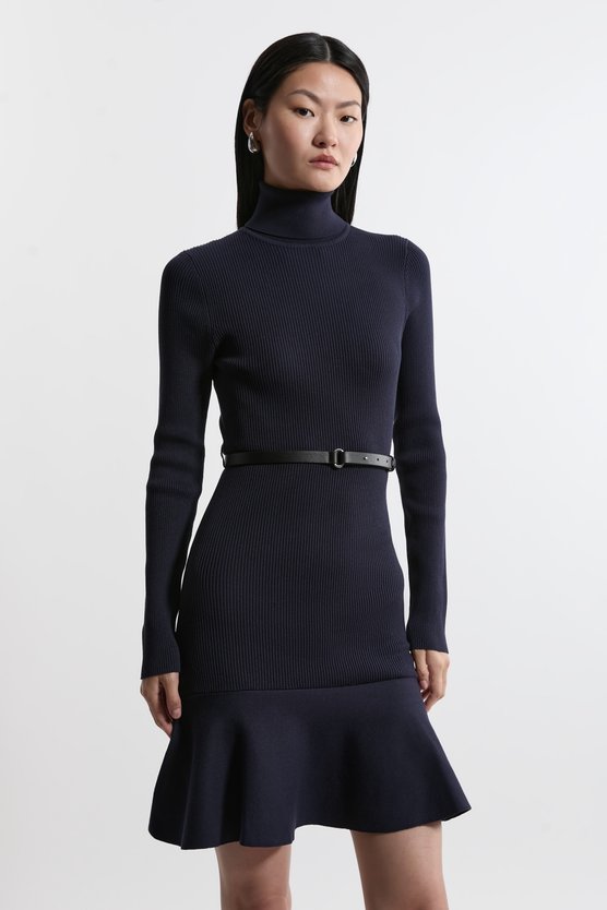 karen millen Viscose Blend Knit Roll Neck Belted Flippy Hem Mini Dress navy