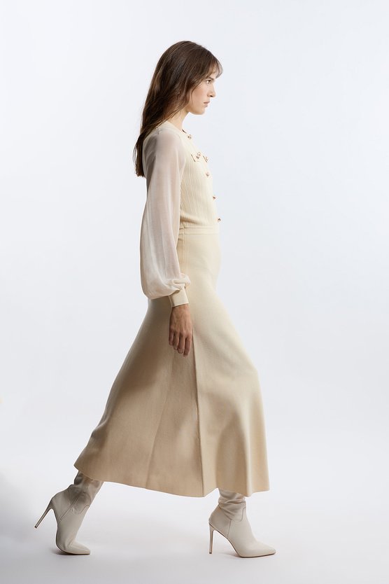 Karen Millen Viscose Blend Maxi Knit Dress With Chiffon Sleeve Military Trim Cream