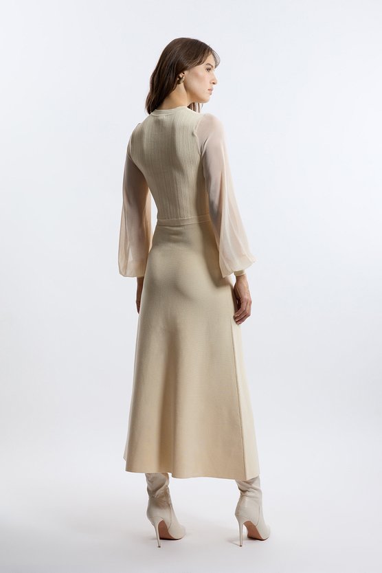 Karen Millen Viscose Blend Maxi Knit Dress With Chiffon Sleeve Military Trim Cream