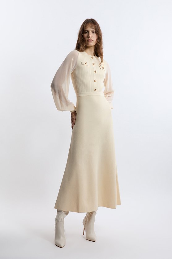 karen millen Viscose Blend Maxi Knit Dress With Chiffon Sleeve Military Trim cream