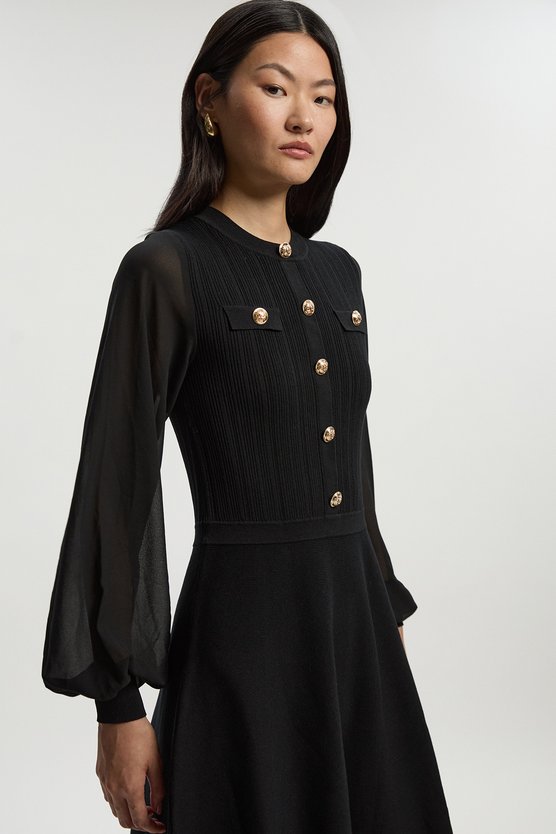 Karen Millen Viscose Blend Mini Knit Dress With Chiffon Sleeve Military Trim Black