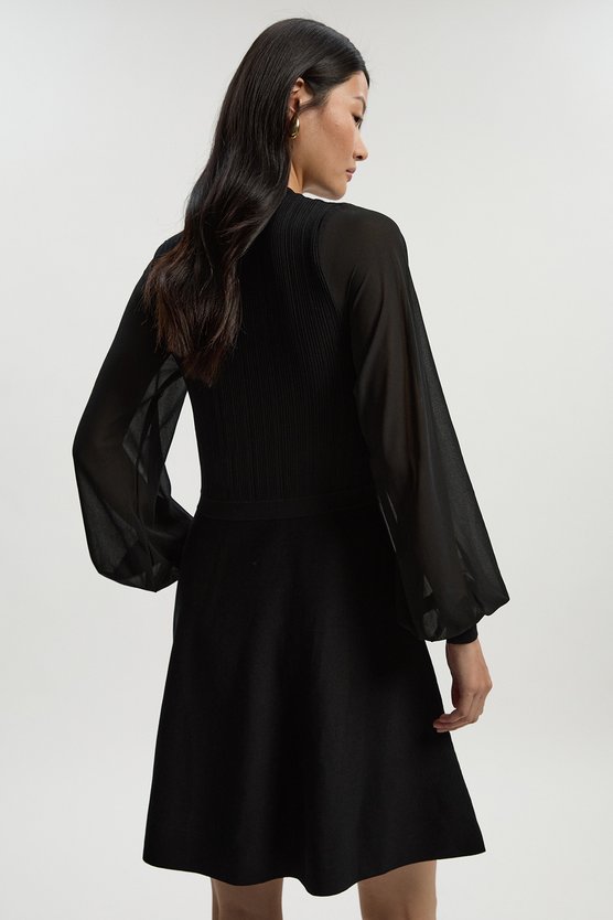 Karen Millen Viscose Blend Mini Knit Dress With Chiffon Sleeve Military Trim Black