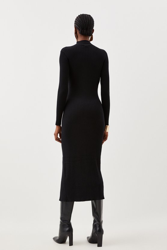 Karen Millen Viscose Blend Popper Detail Split Knit Midi Dress Black