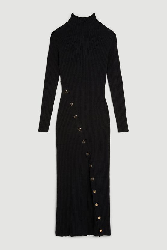 Karen Millen Viscose Blend Popper Detail Split Knit Midi Dress Black