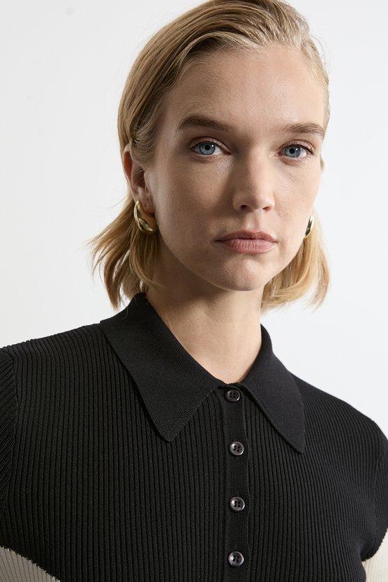 Karen Millen Viscose Blend Rib Knit Polo Top Maxi Dress Navy